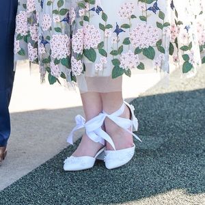 White Pearl Flower Wedding Shoes with Block Heel and Ribbon Ankle Strap